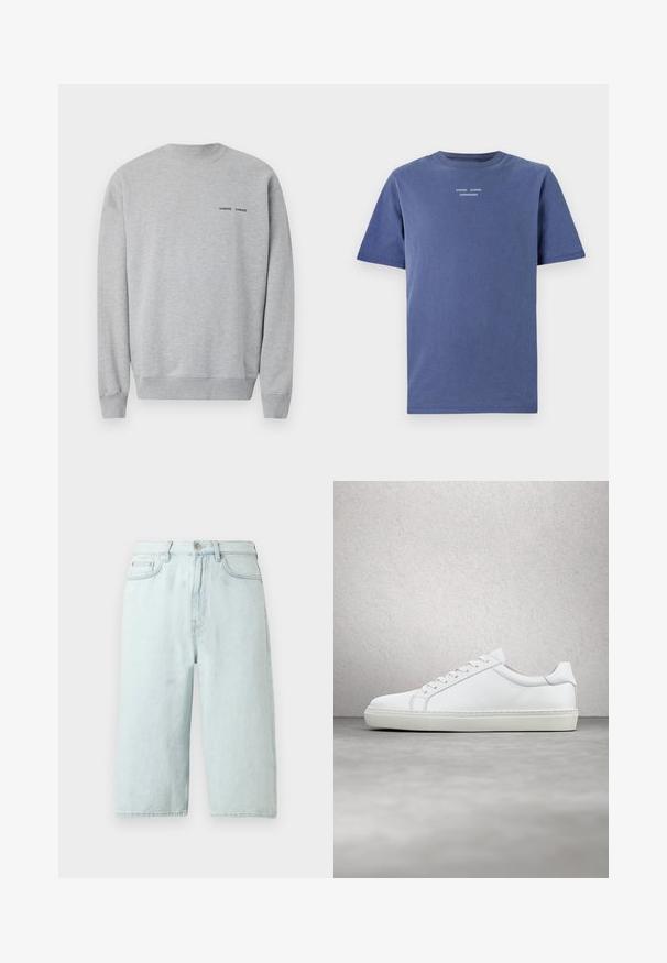 Grijze sweatshirt van een katoenmix, met een geribbelde halslijn en manchetten. Klein zwart logotekst op de borst. Glad textuur en een relaxte pasvorm.; Navyblauw kortekoope T-shirt van katoen. Met een ronde halslijn en kleine witte tekst op de borst: "SAMSØE SAMSØE KOPENHAGEN."; Lichtblauwe denim shorts met een rechte pijp, een taille die tot halverwege de heupen reikt, steekzakken aan de voorkant en een enkele achterzak, afgewerkt met subtiele stiksels.; Witte sneaker met een gladlederen bovenwerk en een laag profiel. Voorzien van een ronde neus, zes vetergaatjes en een gestructureerde rubberen zool.