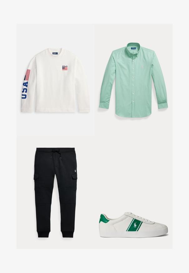 Hvid langærmet t-shirt lavet af bomuld, med et lille broderet flag og "Polo"-logo på brystet samt "USA" i blåt på venstre ærme.; Lysegrøn skjorte med lange ærmer, krave, hvide knapper og en lille lyserød broderet logo på venstre bryst.; Sorte cargo joggebukser med snøre i taljen, sidelommer med klap, ribkantsmanchetter og lille hvid polo spiller logo på højre lår.; Hvid low-top sneaker med grøn stribe og Polo-logo på siden, grøn hæl-flik og hvide snørebånd, vist fra venstre side på ensfarvet baggrund.