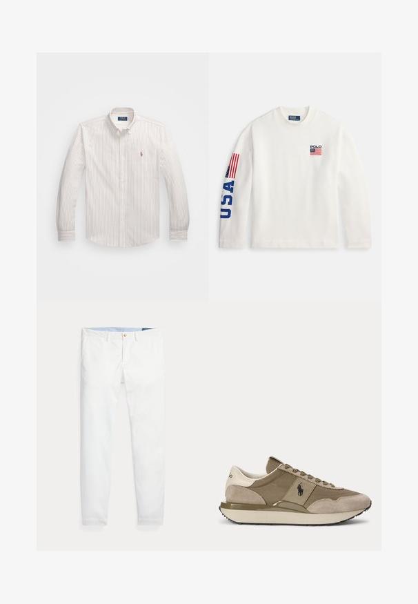Hvid langærmet t-shirt lavet af bomuld, med et lille broderet flag og "Polo"-logo på brystet samt "USA" i blåt på venstre ærme.; Hvid skjorte med knapper og fine lodrette striber i lys beige. Har en klassisk krave, lange ærmer og et lille broderet logo på brystet.; Hvide bomuldschinos med slank pasform, med en enkelt guldknaplukning og lyseblåt inderliv. Glat tekstur uden mønstre.; Sidevisning af beige og brun sneaker med ruskindsdetaljer og Polo-logo på siden mod en ensfarvet baggrund.