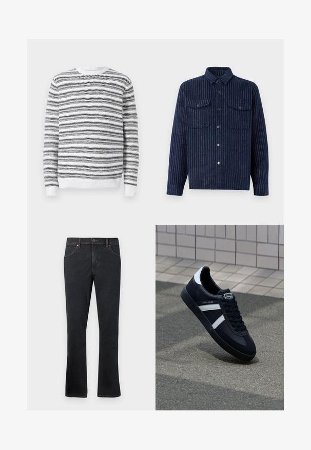 Pull en tricot avec un col rond, présentant des rayures horizontales noires et blanches et des bords côtelés aux poignets et à l'ourlet. Texture douce.; Veste chemise bleu marine avec des rayures blanches verticales, deux poches poitrine, fermeture à bouton et col pointu. Tissu en mélange de coton, finition texturée.; Jean en denim bleu foncé avec une coupe droite, comportant cinq poches, des coutures contrastées et un léger évasement au bas.; Sneaker en cuir noir avec des rayures blanches, semelle en caoutchouc texturée et devant à lacets. Présente une étiquette de marque sur la languette.