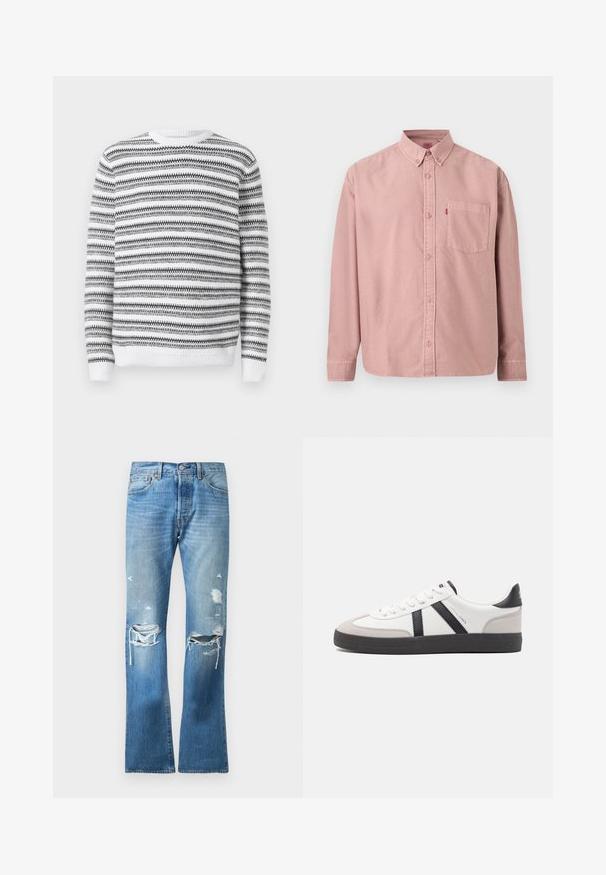 Suéter de punto con cuello redondo, que presenta rayas horizontales en blanco y negro y puños y dobladillo acanalados. Textura suave.; Camisa rosa de manga larga con botones, bolsillo frontal y cuello abotonado, mostrada sobre un fondo liso.; Jeans de mezclilla azules de pierna recta con un lavado descolorido y múltiples desgastes en ambas rodillas y muslos superiores.; Zapatilla blanca con acentos en negro y gris, que presenta una puntera texturizada en gris, suela de goma negra y cordones planos blancos. Diseño limpio, estilo minimalista.