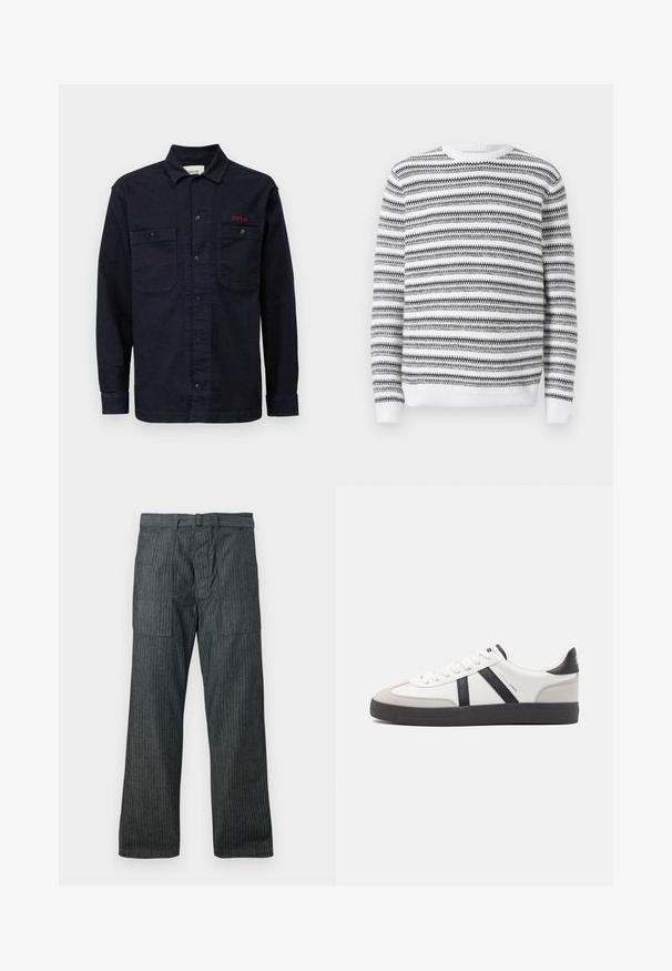 Suéter de punto con cuello redondo, que presenta rayas horizontales en blanco y negro y puños y dobladillo acanalados. Textura suave.; Camisa de mezclilla azul oscuro con mangas largas, cierre frontal de botones, dos bolsillos en el pecho y un pequeño logo rojo "REPLAY" en el bolsillo izquierdo.; Pantalones de pierna ancha en gris oscuro con rayas verticales, grandes bolsillos frontales con parche, pasadores para cinturón y cremallera en la parte delantera.; Zapatilla blanca con acentos en negro y gris, que presenta una puntera texturizada en gris, suela de goma negra y cordones planos blancos. Diseño limpio, estilo minimalista.