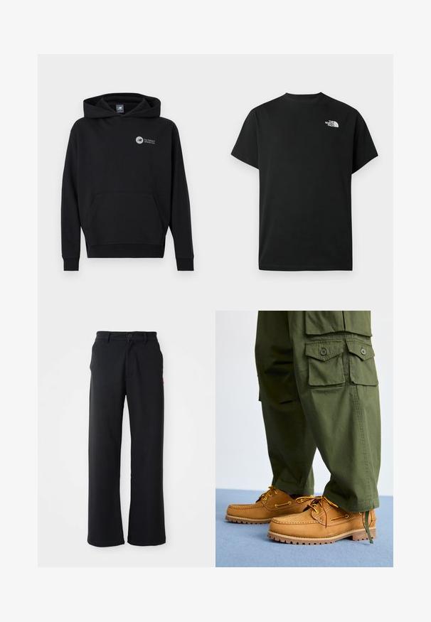 Sudadera con capucha negra con bolsillo tipo canguro en la parte frontal y pequeño logo blanco de New Balance Athletics Inc. en la parte superior izquierda del pecho.; Camiseta negra de manga corta hecha de algodón. Presenta un logo blanco en el pecho izquierdo. Corte sencillo con cuello redondo y detalles de diseño mínimos.; Pantalones negros de pierna recta con cierre de botón y cremallera, lazos para cinturón y bolsillos laterales, exhibidos sobre un fondo blanco.; Timberland AUTHENTIC 3 EYE - Náuticos - wheat