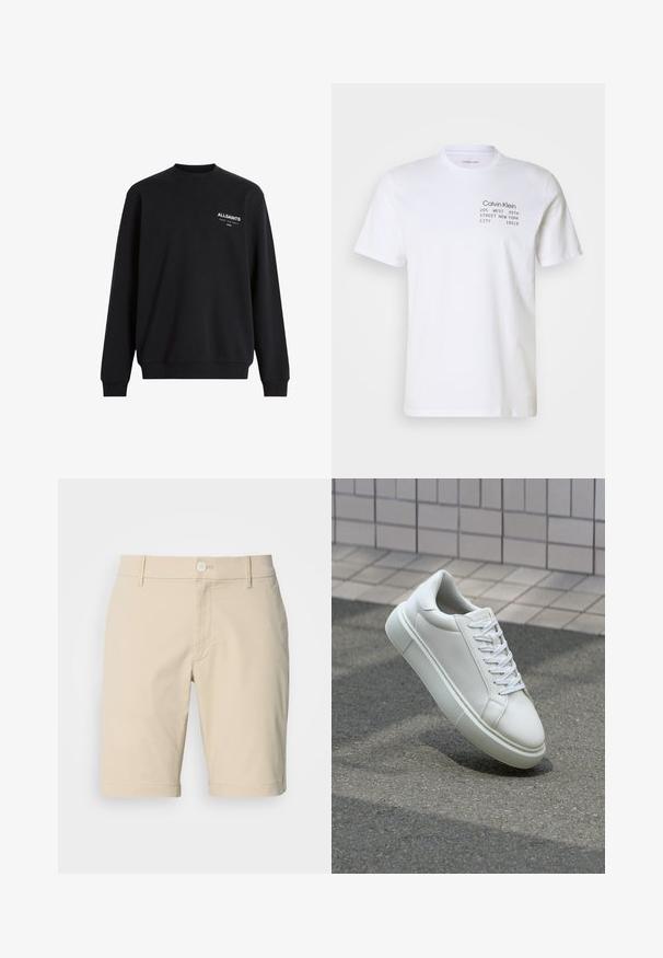 Μαύρη μπλούζα crewneck φτιαγμένη από μείγμα βαμβακιού, με λευκό λογότυπο "ALLSAINTS" στη αριστερή πλευρά του στήθους και ραμμένα μανίκια και στρίφωμα.; Λευκό βαμβακερό μπλουζάκι με κοντά μανίκια, στρογγυλή λαιμόκοψη και εκτυπωμένο κείμενο: "Calvin Klein 205 WEST 39TH STREET NEW YORK CITY 10018."; Μπεζ βαμβακερές σορτς με επίπεδο μπροστινό μέρος, κλείσιμο με κουμπί και θηλάκια ζώνης. Διαθέτουν τσέπες και ίσια γραμμή. Λείο υλικό.; Λευκό δερμάτινο αθλητικό παπούτσι με λείο επιφάνεια, στρογγυλή μύτη και επίπεδα λευκά κορδόνια. Διαθέτει υφασμάτινη καουτσούκ σόλα και ελάχιστα σχεδιαστικά στοιχεία.