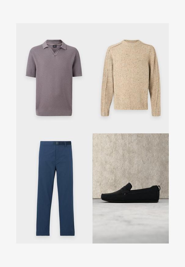 Pull beige en maille avec de fines mouchetures multicolores, manches longues, poignets et ourlet côtelés, et col rond.; Polo en maille mauve à manches courtes avec motif gaufré texturé, col ouvert, poignets et ourlet côtelés, avec une petite étiquette noire à l’intérieur du col.; Pantalon bleu marine en tissu lisse, avec une coupe régulière, des jambes droites et une fermeture à bouton et crochet à la taille.; Mocassin en daim noir avec détails cousus et petite étiquette drapeau, présenté au-dessus d'un tapis beige avec un mobilier translucide ambré en arrière-plan.