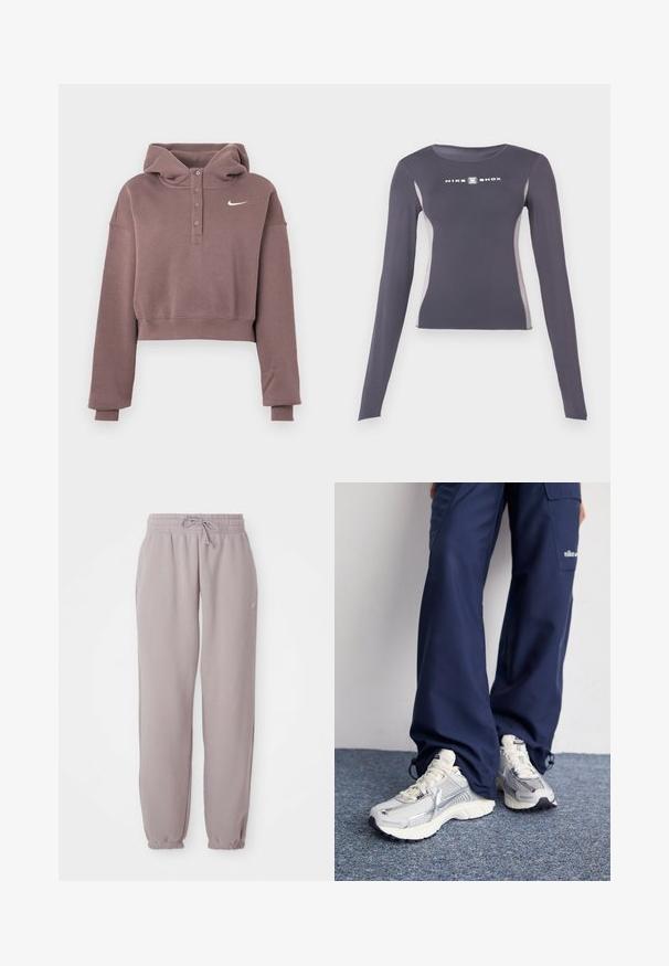 Sweat à capuche court mauve avec manches longues, patte de boutonnage, poignets et ourlet côtelés, et logo Nike swoosh blanc sur la poitrine.; Haut de sport ajusté à manches longues gris foncé avec des panneaux latéraux gris clair et un logo "Nike Shox" blanc sur la poitrine.; Pantalons de survêtement en polaire mauve clair avec taille élastique, cordon de serrage, poches latérales et poignets élastiques, présentés à plat sur un fond blanc.; Baskets de sport Nike avec une tige en maille argentée, des accents blancs et des semelles texturées, associées à un pantalon marine ample.