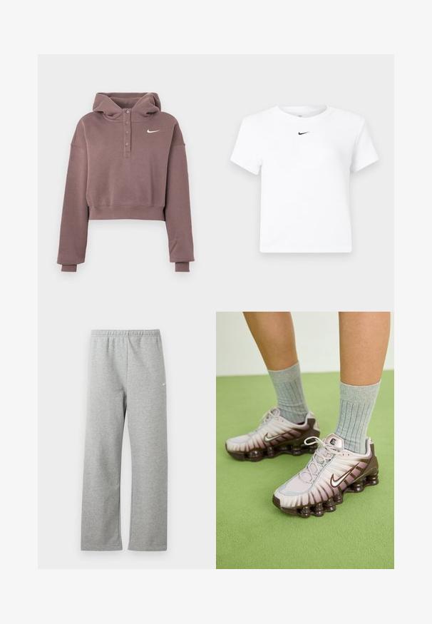 Lila lyhyt huppari, jossa pitkät hihat, nappilistallinen etuosa, resorit hihansuissa ja helmassa sekä valkoinen Nike-swoosh-rintalogo.; Valkoinen lyhythihainen Nikein lyhyt T-paita, jossa on pieni musta Nike Swoosh -logo keskitettynä kaula-aukon alapuolelle.; Vaaleanharmaat collegehousut, joissa joustava vyötärönauha ja pieni valkoinen Nike-logo ylemmässä reidessä, esitettynä tasaisena valkoista taustaa vasten.; Nike lenkkarit vaaleanpunaisina ja ruskeina, joissa on teksturoitu pinta, kerrostettu muotoilu ja pehmustettu pohja, jossa on näkyviä ilmayksiköitä.