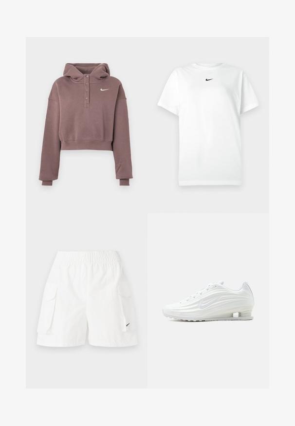 Fialovo-ružová krátka mikina s dlhými rukávmi, zapínaním na gombíky, rebrovanými manžetami a lemom, a bielym logom Nike na hrudi.; Biele tričko s krátkym rukávom a okrúhlym výstrihom, na ktorom je malé čierne logo Nike swoosh umiestnené tesne pod výstrihom.; Biele cargo šortky s elastickým pásom, dvoma bočnými vreckami a malým čiernym logom na dolnej strane. Ľahký materiál, ležérny dizajn.; Biela športová obuv Nike s textúrovanými vlnovými vzormi a viditeľnou vzduchovou vložkou v podrážke, zobrazená z boku na neutrálnom pozadí.