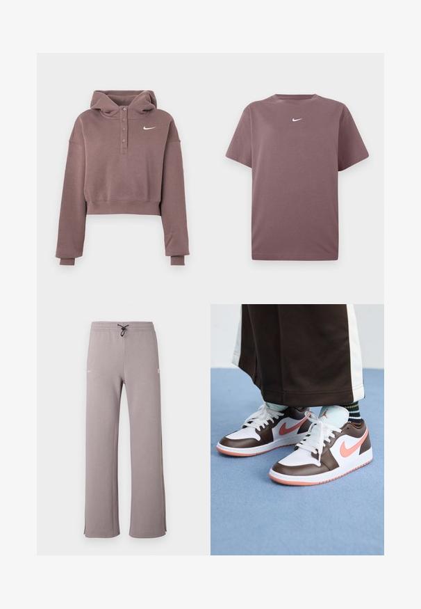 Sweat à capuche court mauve avec manches longues, patte de boutonnage, poignets et ourlet côtelés, et logo Nike swoosh blanc sur la poitrine.; T-shirt à col rond mauve uni à manches courtes avec un petit logo Nike blanc centré sur la poitrine, présenté sur un fond blanc.; Pantalon de survêtement gris avec taille à cordon, fentes latérales et logo blanc sur la gauche. Confectionné en tissu doux avec une coupe décontractée.; Baskets Nike Air Jordan blanches et brunes avec des accents roses, présentant un design basse, des lacets blancs et une semelle en caoutchouc texturée.