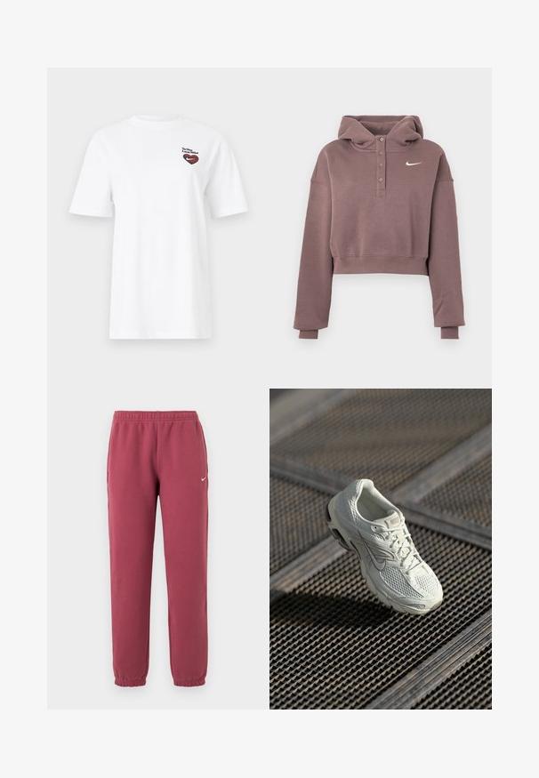 Mályva színű, rövidített kapucnis pulóver hosszú ujjú, gombos elülső résszel, bordázott mandzsettákkal és szegéllyel, valamint fehér Nike swoosh logóval a mellkason.; Fehér rövid ujjú póló egy kis piros és fekete szív logóval és "To: You Love: Nike" szöveggel a bal mellrészen.; Bordó polár melegítőnadrág rugalmas derékpánttal és mandzsettával, oldalsó zsebekkel, valamint kis fehér Nike Swoosh logóval a bal combon.; Fehér Nike futócipő, hálós és szintetikus felsőrésszel, fém rácsos padlón pihen a lágy természetes fényben.