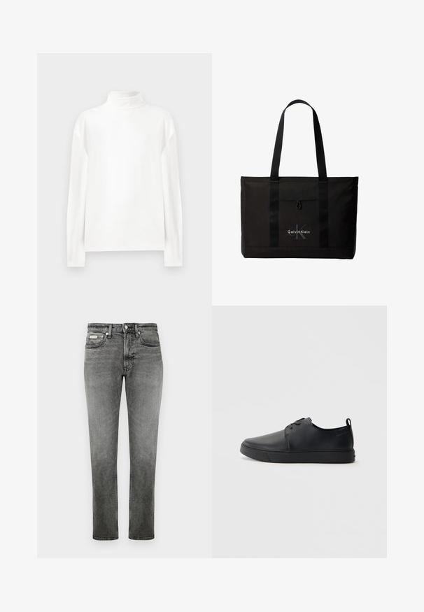 Weißes Langarm-Turtleneck-Oberteil mit glatter Textur, hoher Halslinie und abfallenden Schulternähten für eine lässige Passform.; Graue gerade geschnittene Jeans aus Denim mit Vordertaschen, Gürtelschlaufen, Knopfverschluss und dezenten Ausbleichungen.; Schwarze Leder-Sneaker mit glatter Oberfläche, abgerundeter Zehenpartie, gleichfarbiger Nähte, schnürbarem Vorderteil und flacher Gummisohle. Schlaufe an der Ferse.; Schwarze Calvin Klein Tote-Tasche mit zwei langen Griffen und Fronttasche, mit dem Markenlogo in Weiß und Grau.