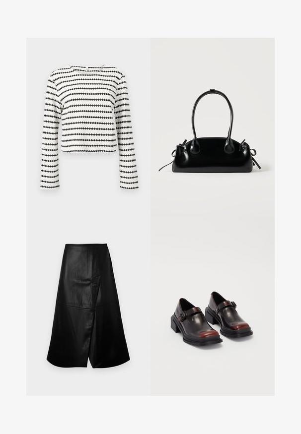 Witte cropped top met lange mouwen met zwarte horizontale zigzagstrepen en een gestructureerde stof, met een ronde halslijn.; Zwarte midi rok van imitatieleer met een A-lijn silhouet en asymmetrische gelaagde details aan de voorkant, afgebeeld tegen een witte achtergrond.; Leren blokhak schoenen met een glanzende donkerburgundy afwerking, voorzien van een gespstrap en een rond neusstuk. Getextureerde zool voor grip.; Kleine zwarte glanzende handtas met twee lange hengsels en zijkant trekkoord details op een effen lichte achtergrond.