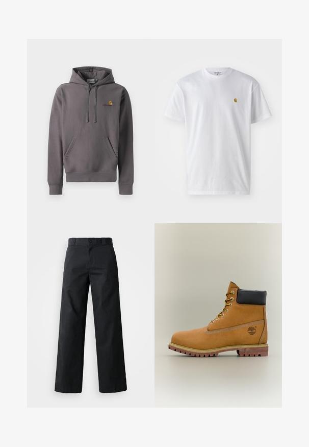 Sudadera gris hecha de una tela suave, con un bolsillo delantero, capucha ajustable con cordón y un pequeño logotipo bordado en el pecho.; Camiseta de algodón blanca con mangas cortas, cuello redondo, que presenta un pequeño logo dorado en la parte izquierda del pecho. Textura suave y corte regular.; Pantalones de pierna ancha negros hechos de algodón. Cuenta con cierre de botón, lazos para cinturón y bolsillos laterales. Textura suave con un corte ajustado.; Bota de tobillo de cuero marrón con cuello negro, cordones amarillos y suela beige. Presenta un logotipo y detalles de costura blanca. Suela exterior con tracción robusta.