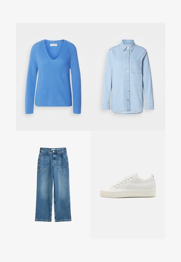 Marc O'Polo LONGSLEEVE V NECK - Striktrøje - shiny sky; Lyseblå denimskjorte med knaplukning foran, spids krave, enkelt brystlomme og lange ærmer med knapmanchetter.; Højhalsede, brede bukser i blå denim med frontlommer, bæltestropper og lukning med frontknap og lynlås.; Hvide kanvas sneakers med en struktureret overdel, rundt tåhætte, flad sål og snørelukning. Har en let flossede krave og en løkke.
