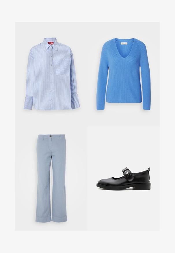 Marc O'Polo LONGSLEEVE V NECK - Jersey de punto - shiny sky; Camisa de rayas azul y blanca con cuello, mangas largas, botones en la parte frontal y un bolsillo en el pecho izquierdo con rayas a juego.; Pantalones de lino azul claro con pierna recta, cierre de botón y dobladillo vuelto. Textura suave, diseñados para uso casual.; Zapato Mary Jane de cuero negro con suela gruesa, punta redondeada, correa con hebilla plateada y tirador en la parte trasera.