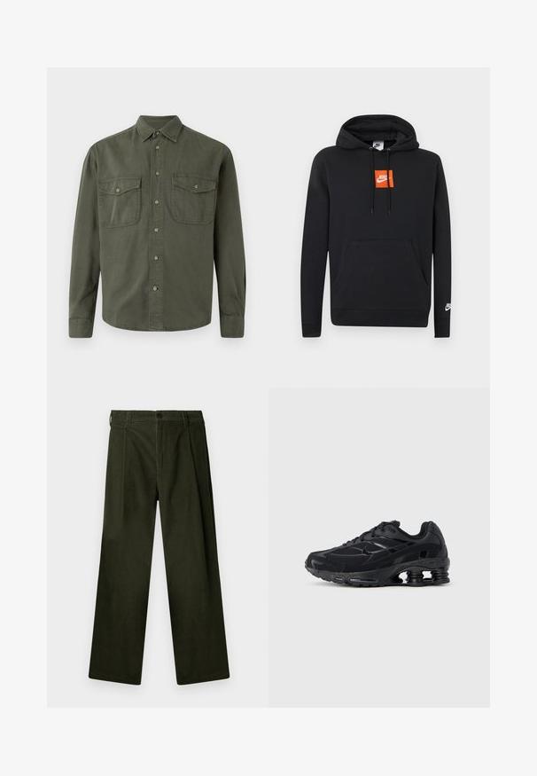 Zwarte Nike hoodie met voorzak, oranje vierkant Nike-logo op de borst, wit Nike-logo op de linker mouw en verstelbare capuchon met trekkoord.; Khaki langekootshirt van katoen. Heeft een knoopsluiting aan de voorkant, twee borstzakken met kleppen en een klassieke kraag. Eenvoudig ontwerp.; Donkergroene corduroy broeken met een wijde pijp, voorzien van voorplooien, een knoopsluiting en riemlussen. Gladde textuur.; Zwarte sportieve schoen met een bovenwerk van mesh, een gevoerde kraag en opvallende dempingstechnologie bij de hiel. Heeft gestructureerde accenten en veters.