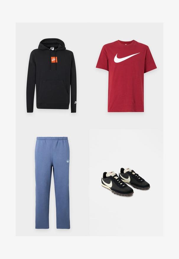 Μαύρο φούτερ Nike με μπροστινή τσέπη, πορτοκαλί τετράγωνο λογότυπο Nike στο στήθος, λευκό λογότυπο Nike στο αριστερό μανίκι και κουκούλα με ρυθμιζόμενο κορδόνι.; Κόκκινο βαμβακερό μπλουζάκι με κοντά μανίκια και στρογγυλή λαιμόκοψη. Διαθέτει μεγάλο λευκό λογότυπο Nike swoosh μπροστά. Ομαλή υφή, casual σχεδιασμός.; Μπλε φόρμα με ελαστική μέση και μικρό λευκό κυκλικό λογότυπο στο πάνω μέρος του αριστερού ποδιού, εμφανιζόμενο σε απλό φόντο.; Μαύρα αθλητικά παπούτσια με υφή στο επάνω μέρος, λευκό λογότυπο swoosh και καουτσούκ σόλα με μικρά καρφιά για πρόσφυση. Κρέμα χρώματος κολάρο.