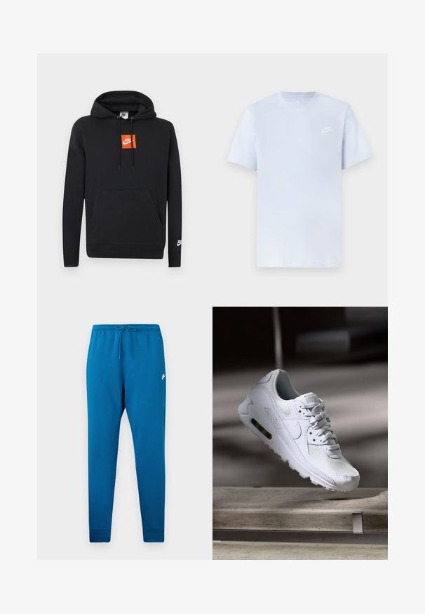 Sort Nike hættetrøje med frontlomme, orange kvadratisk Nike-logo på brystet, hvid Nike-logo på venstre ærme og justerbar snørets hætte.; Lyseblå bomulds t-shirt med korte ærmer, rund hals og et hvidt Nike-logo trykt på venstre bryst. Glat tekstur, simpelt design.; Blå sweatpants med elastisk talje og justerbar snor. Har et hvidt logo på låret og tapered manchetter ved anklerne.; Hvide Nike Air Max 90 sneakers med en overdel i mesh og læder, perforeret tåboks og en synlig luftenhed i hælen.