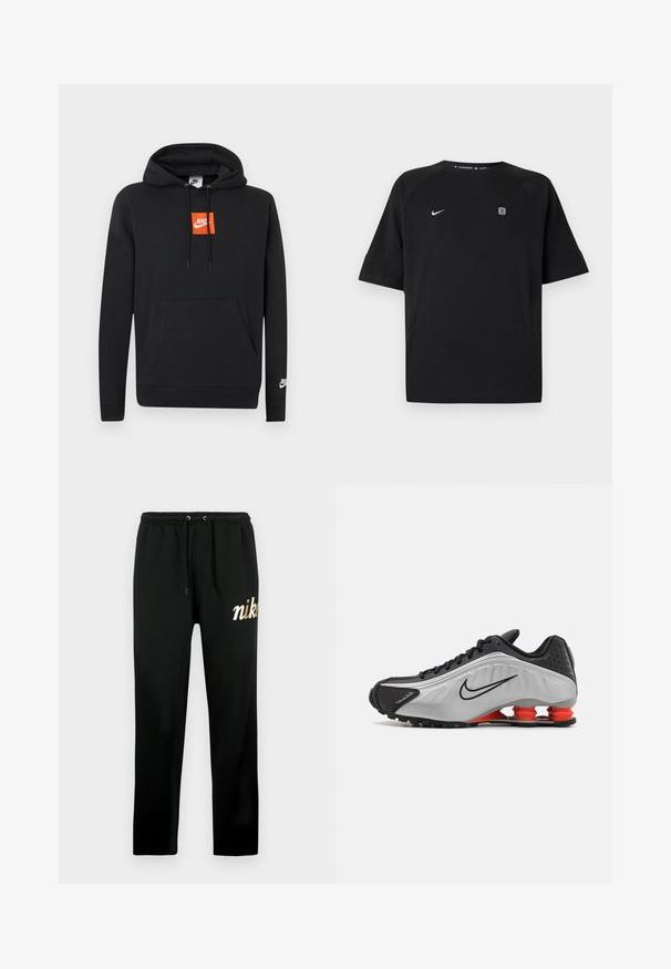Must Nike kapuutsiga dressipluus ees tasku, rindkere oranž ruudukujuline Nike logo, vasakul varrukal valge Nike logo ja reguleeritava paelaga kapuuts.; Must Nike lühikeste varrukatega spordisärk valge kaarelogoga vasakul rinnal ja väike ruudukujuline embleem paremal rinnal, ühevärviline taust.; Mustad pehmet kangast dressipüksid, millel on elastne vöökoht paeladega, kitsenevad sääred ja kuldse tikandiga "nike" logo.; Mustmust ja hõbedane sportlik king, millel on tekstureeritud pealispind, väljastunud sooned ja punased pehmenduselemendid kandadel toe pakkumiseks. Madal disain.