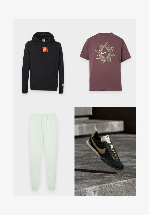 Μαύρο φούτερ Nike με μπροστινή τσέπη, πορτοκαλί τετράγωνο λογότυπο Nike στο στήθος, λευκό λογότυπο Nike στο αριστερό μανίκι και κουκούλα με ρυθμιζόμενο κορδόνι.; Μπλούζα με κοντά μανίκια σε βυσσινί χρώμα, με αφηρημένο κυκλικό σχέδιο με αιχμές σε νέον κίτρινο και κεντρικό λογότυπο σφαιρικής γραμμής στο στήθος.; Ανοιχτοπράσινο παντελόνι jogger από μαλακό ύφασμα, με ελαστική μέση και κορδόνι, στενές μπατζάκια και διακριτικό λογότυπο κοντά στο ισχίο.; Μαύρο και χρυσό αθλητικό παπούτσι τρεξίματος Nike με υφή στο επάνω μέρος και κορδόνια με σχέδιο, που αιωρείται πάνω από τραχιά επιφάνεια σκυροδέματος και σκαλοπάτια.