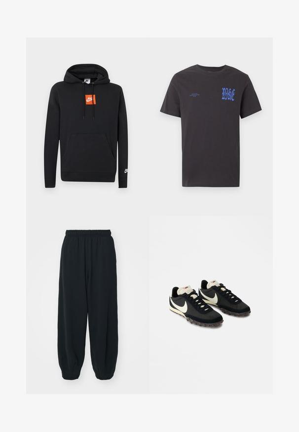 Čierna mikina Nike s kapucňou a predným vreckom, oranžové štvorcové logo Nike na hrudi, biele logo Nike na ľavom rukáve a nastaviteľná kapucňa so sťahovacou šnúrou.; Čierne tričko s krátkym rukávom a okrúhlym výstrihom s modrým nápisom "NIKE" v gotickom písme na hrudi a menším nápisom "NIKE AIR INCORPORATED 1972" na ľavej strane.; Čierne tepláky s elastickým pásom, vo voľnom strihu, s manžetami na členkoch, hladkej textúry a bez viditeľných vzorov alebo kovových doplnkov.; Čierne športové topánky s textúrovaným zvrškom, bielym logom Swoosh a gumovou podrážkou s malými hrotmi pre lepšiu trakciu. Krémový golier.