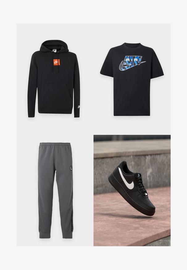 Zwarte Nike hoodie met voorzak, oranje vierkant Nike-logo op de borst, wit Nike-logo op de linker mouw en verstelbare capuchon met trekkoord.; Zwart kortermig T-shirt met een blauw-witte gestileerde tekst "AIR" en het Nike swoosh-logo op de borst.; Grijze sweatpants van zacht materiaal met een elastische tailleband, taps toelopende benen, zijpanelen en een ronde logo patch.; Zwarte Nike Air Force 1 sneaker met wit swoosh-logo zwevend boven een stenen oppervlak en een grijze, getextureerde muur op de achtergrond.