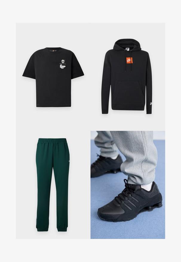Zwarte Nike hoodie met voorzak, oranje vierkant Nike-logo op de borst, wit Nike-logo op de linker mouw en verstelbare capuchon met trekkoord.; Zwarte katoenen T-shirt met korte mouwen, voorzien van een wit logo en grafisch ontwerp op de borst. Eenvoudige, ontspannen pasvorm.; Donkergroene sweatpants met een elastische tailleband, zijzakken en boorden bij de enkel. Gemaakt van een gladde, rekbare stof.; Persoon in zwarte Nike Shox sneakers en een grijze joggingbroek staand op een lichtblauw tapijt.