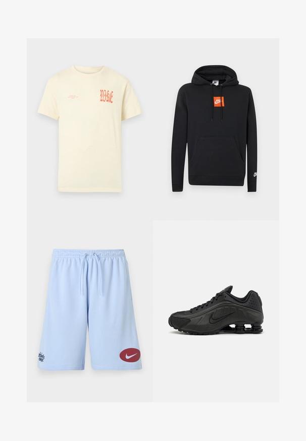 Fekete Nike kapucnis pulóver elején zsebbel, narancssárga négyzet alakú Nike logó a mellkason, fehér Nike logó a bal ujján és állítható húzózsinóros kapucni.; Krém színű, rövid ujjú póló kis narancssárga "NIKE AIR INCORPORATED 1972" felirattal a bal mellkason és nagy, stilizált "NIKE" felirattal a jobb mellkason.; Világoskék sportnadrág rugalmas derékpánttal és húzózsinórral, jobb lábszáron vörös Nike logóval, bal oldalon "athletic dept." felirattal.; Fekete futócipők sima szintetikus felsőrésszel, perforált díszítéssel, texturált oldalsó panelekkel és egyedi ruganyos talppal.