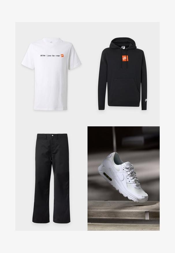 Μαύρο φούτερ Nike με μπροστινή τσέπη, πορτοκαλί τετράγωνο λογότυπο Nike στο στήθος, λευκό λογότυπο Nike στο αριστερό μανίκι και κουκούλα με ρυθμιζόμενο κορδόνι.; Λευκό κοντομάνικο μπλουζάκι με το κείμενο "Nike Sportswear" σε γκρίζο και ναυτικό μπλε και πορτοκαλί λογότυπο Nike στο στήθος.; Μαύροι παντελόνες με ίσια γραμμή, κατασκευασμένοι από λείο ύφασμα. Διαθέτουν πλαϊνές τσέπες και κούμπωμα με κουμπί στη μέση.; Λευκό αθλητικό παπούτσι Nike Air Max 90 με άνω μέρος από διχτυωτό και δερμάτινο υλικό, τρυπητό μπροστινό μέρος και ορατή μονάδα αέρα στη φτέρνα.