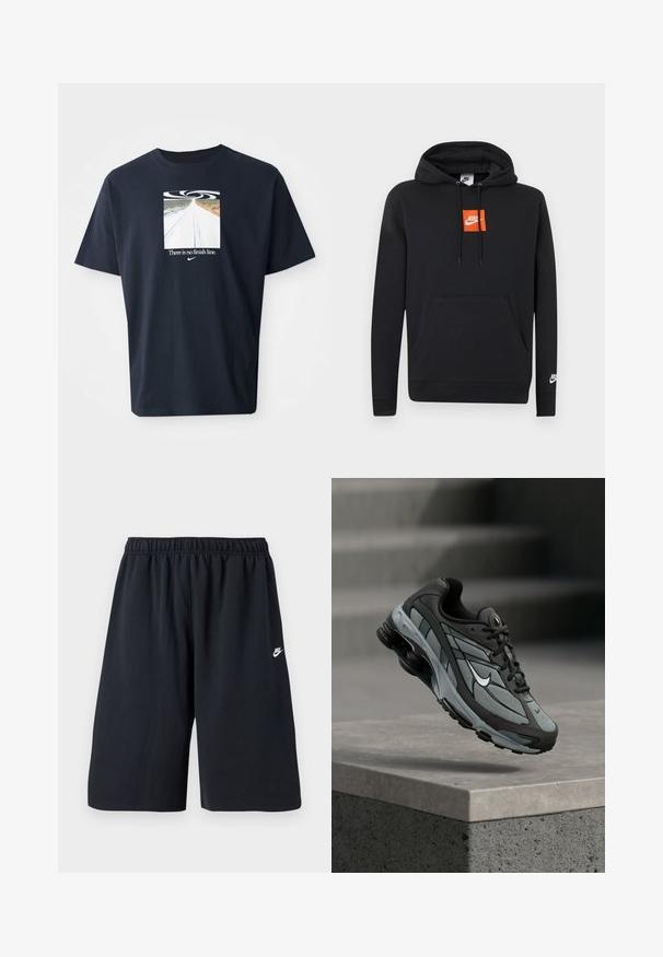 Zwarte Nike hoodie met voorzak, oranje vierkant Nike-logo op de borst, wit Nike-logo op de linker mouw en verstelbare capuchon met trekkoord.; Navyblauwe katoenen T-shirt met korte mouwen, voorzien van een vierkant grafisch ontwerp van een weg en een spiraalpatroon, en de tekst "There is no finish line" in het wit.; Zwarte atletiekshorts met een elastische tailleband, een gladde textuur en een klein wit Nike-logo op het linkerbeen. Standaard lengte.; Grijze en zwarte sportieve sneaker met meshpanelen en dikke zool, zwevend in de lucht boven een betonnen richel met trappen op de achtergrond.