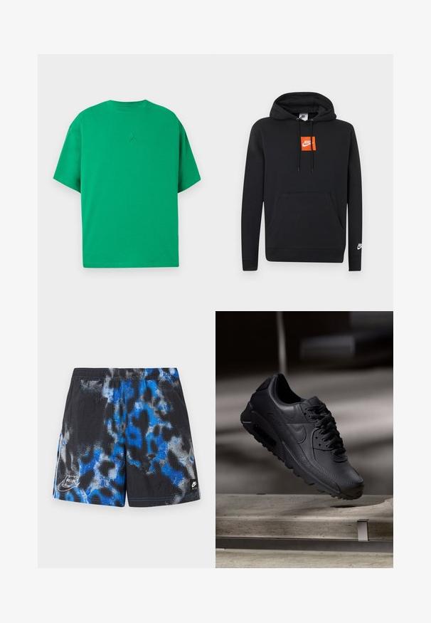 Μαύρο φούτερ Nike με μπροστινή τσέπη, πορτοκαλί τετράγωνο λογότυπο Nike στο στήθος, λευκό λογότυπο Nike στο αριστερό μανίκι και κουκούλα με ρυθμιζόμενο κορδόνι.; Πράσινο κοντομάνικο T-shirt με στρογγυλή λαιμόκοψη και μικρό ανάγλυφο λογότυπο Jumpman στο κέντρο του στήθους.; Μαύρο αθλητικό σορτς με μπλε και γκρι αφηρημένο μοτίβο, ελαστική μέση και λογότυπα Nike Air στο κάτω αριστερό και δεξί μέρος.; Μαύρα αθλητικά παπούτσια Nike Air Max με επάνω μέρος από υφασμάτινο δέρμα, καουτσούκ σόλα και έντονο σύστημα κορδονιών, που δείχνουν έναν κομψό και μοντέρνο σχεδιασμό.