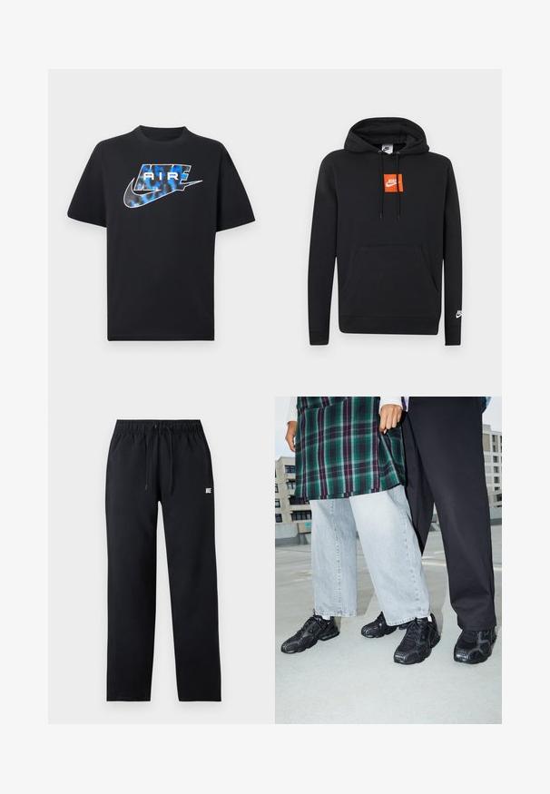 Sort Nike hættetrøje med frontlomme, orange kvadratisk Nike-logo på brystet, hvid Nike-logo på venstre ærme og justerbar snørets hætte.; Sort t-shirt med korte ærmer med blå og hvide stiliserede "AIR"-bogstaver og Nike swoosh-logo på brystet.; Sorte Nike træningsbukser med elastisk talje, snøre, lige ben og lille hvidt logo på øverste venstre lår.; Sorte atletik sko med mesh- og gummidetaljer. Båret med lysegrå vide jeans og en ternet grøn bluse. Flad overflade i baggrunden.