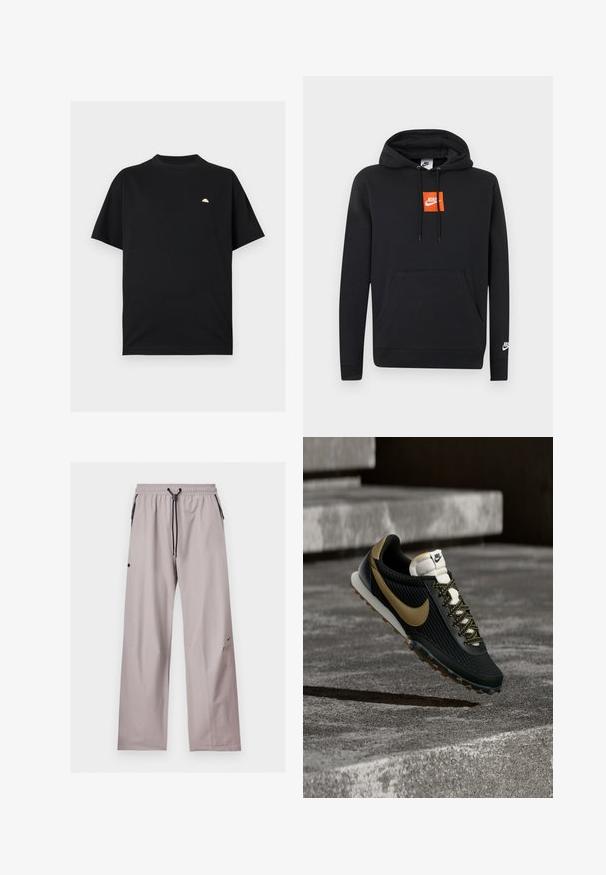 Μαύρο φούτερ Nike με μπροστινή τσέπη, πορτοκαλί τετράγωνο λογότυπο Nike στο στήθος, λευκό λογότυπο Nike στο αριστερό μανίκι και κουκούλα με ρυθμιζόμενο κορδόνι.; Μαύρο μπλουζάκι με κοντά μανίκια και στρογγυλή λαιμόκοψη με μικρό ανοικτό μπεζ ημικυκλικό λογότυπο στο αριστερό στήθος.; Ανοιχτό γκρι φαρδιά παντελόνια με ελαστική μέση, μαύρο ρυθμιζόμενο κορδόνι και πλαϊνές τσέπες με μαύρες λεπτομέρειες φερμουάρ.; Μαύρο και χρυσό αθλητικό παπούτσι τρεξίματος Nike με υφή στο επάνω μέρος και κορδόνια με σχέδιο, που αιωρείται πάνω από τραχιά επιφάνεια σκυροδέματος και σκαλοπάτια.