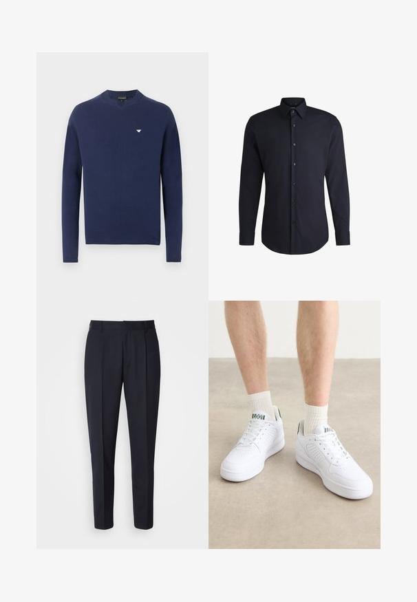 Marineblå langærmet crewneck-trøje med ribstrikkede manchetter og lille hvid ørnelogo på venstre bryst.; Mørkeblå skjorte med lange ærmer lavet af vævet stof, har en knap-ned krave og matchende knapper, med en glat tekstur og skræddersyet pasform.; BOSS PERIN - Bukser - navy; Hvide sportssko med perforerede detaljer, snørebånd og tykke gummisåler. Parret med lyse cremede ribbede sokker for kontrast.