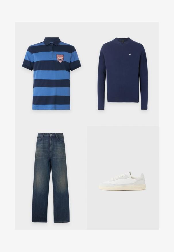 Pull à col rond manches longues bleu marine avec poignets côtelés et petit logo aigle blanc sur le côté gauche de la poitrine.; Polo à rayures horizontales bleu marine et bleu clair, manches courtes, col, et un emblème rouge brodé avec l'inscription "Emporio Armani Club".; Jean denim bleu marine à jambe droite avec des zones délavées sur les cuisses et les poches avant, fermeture par bouton et passants pour ceinture.; Baskets blanches avec dessus en daim et cuir texturé. Caractérisées par un bout arrondi, une fermeture à lacets et une semelle en caoutchouc beige contrastante.