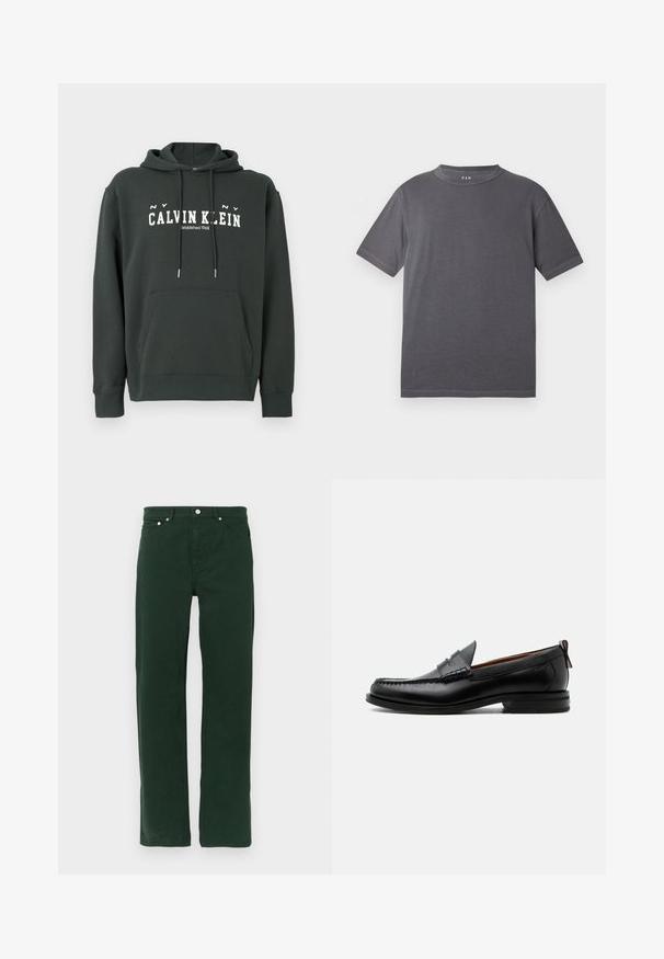 Hoodie en coton vert foncé avec une poche kangourou, capuche à cordon de serrage et logo "CALVIN KLEIN" blanc. Présente des poignets et un ourlet côtelés.; T-shirt en coton gris foncé à manches courtes et col rond, de conception unie, posé à plat sur un fond blanc.; Pantalon en coton vert avec une coupe droite, doté d'une fermeture éclair, de cinq poches et de boutons en métal argenté. Texture lisse, sans motifs visibles.; Mocassin homme en cuir noir avec couture moc toe, bride penny, col texturé et petit talon empilé sur fond blanc.