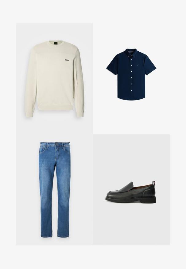 Cremefarvet sweater med rund hals, tekstureret stof, ribstrikkede manchetter og kant. Har en sort "BOSS"-logo på brystet.; Marineblå kortærmet skjorte med knaplukning og nedfaldende krave samt lille broderet logo på venstre bryst.; Denim jeans i medium blå med lige pasform. Har fem lommer, en knaplukning og synlige syninger langs sømmene.; Sorte læder slip-on sko med rund tå, struktureret overdel, kontrasterende rød syning og lav hæl. Funktioner en løkke pull tab.