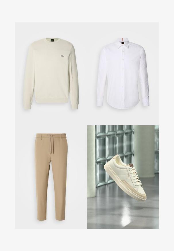 Cremefarbener Pullover mit Rundhalsausschnitt, strukturiertem Stoff, gerippten Bündchen und Saum. Mit einem schwarzen "BOSS"-Logo auf der Brust.; Weiße langärmlige Button-Down-Hemd aus Baumwolle, mit klassischem Kragen, subtiler Logo-Detailierung auf der Brust und weißen Knöpfen.; Beige, taillierte Hose mit elastischem Bund und Kordelzug. Glattes Material mit einem schlichten Design ohne sichtbare Muster oder Hardware.; Weißer Low-Top-Sneaker mit beigen Akzenten und Schnürsenkeln, markiert mit „BOSS“, schwebt über einem polierten Boden vor einer Glasbausteinwand.
