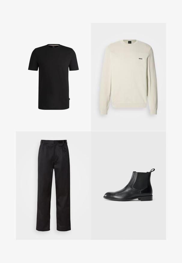Suéter crema con cuello redondo, tejido texturizado, puños y dobladillo en canalé. Presenta un logo negro "BOSS" en el pecho.; Camiseta corta negra de algodón suave con cuello redondo. Presenta una sutil etiqueta de la marca en el lado izquierdo cerca del dobladillo.; Pantalones negros de tela suave, con cierre delantero de botón, pliegues y patas rectas. Sin patrones ni acentos visibles.; Botín negro de cuero hasta el tobillo con paneles elásticos a los lados, punta redondeada y lengüeta. Textura suave, suela plana, diseño minimalista.