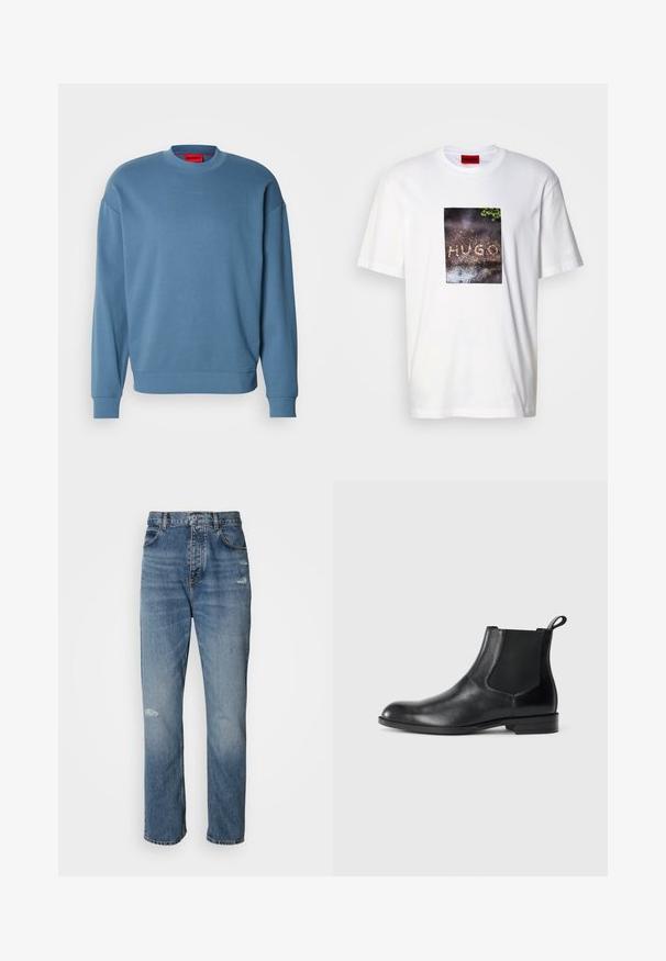 Sweat-shirt bleu clair en matériau doux, avec un col rond, des manches longues et un discret logo sur la poitrine.; T-shirt blanc en coton avec une impression graphique rectangulaire portant le texte « HUGO » sur une surface texturée et sombre, entourée de verdure.; Jean en denim bleu clair au design droit, avec une fermeture à bouton et zip, cinq poches et des détails usés près des genoux.; Bottine en cuir noir avec des panneaux latéraux élastiques, bout rond et tirette. Texture lisse, semelle plate, design minimaliste.