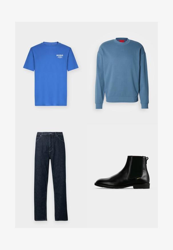 Sweat-shirt bleu clair en matériau doux, avec un col rond, des manches longues et un discret logo sur la poitrine.; T-shirt bleu à manches courtes et col rond avec petit logo blanc "HUGO" et texte sur la partie supérieure gauche de la poitrine.; Jean en denim foncé avec une coupe droite, cinq poches, des accents de couture bleue et une fermeture à boutons. Propre, sans motifs visibles.; Bottine en cuir noir avec panneau latéral élastique, talon bas, languette à l'arrière et petit logo doré "HUGO" sur le côté extérieur.