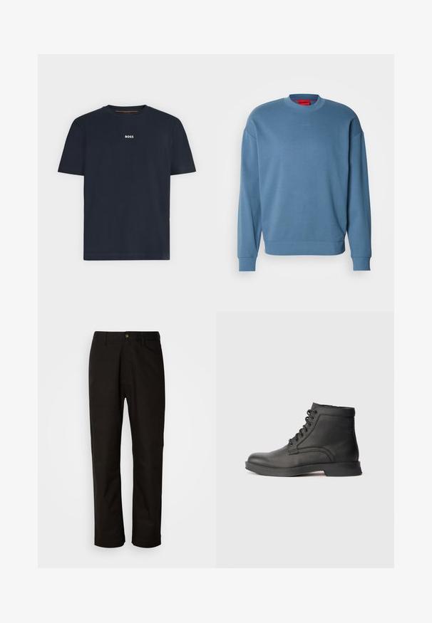 Hellblauer Pullover aus weichem Material mit rundem Ausschnitt, langen Ärmeln und dezentem Logodetail auf der Brust.; Marineblaues Kurzarm-T-Shirt mit Rundhalsausschnitt und kleinem weißen "BOSS"-Logo mittig auf der Brust.; Schwarze Baumwollhosen mit geradem Schnitt, Gürtelschlaufen, einem Reißverschluss vorne und einem einzelnen Knopfverschluss. Glatte Textur ohne sichtbare Muster.; Schwarze Lederstiefelette mit strukturiertem Obermaterial, runder Spitze, Schnürung vorne und einer robusten Gummisohle. Minimalistisches Design ohne sichtbare Markenkennzeichnung.