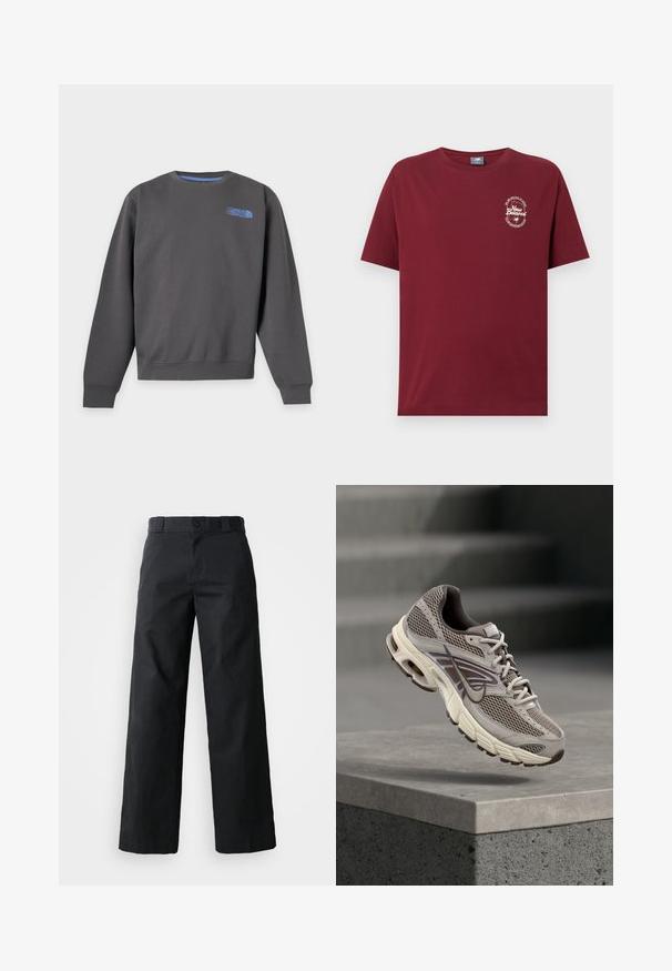 Dunkelgraues Sweatshirt mit Rundhalsausschnitt, langen Ärmeln und kleinem blauem The North Face-Logo auf der oberen linken Brust.; Maroonfarbenes T-Shirt mit kurzen Ärmeln und Rundhalsausschnitt, mit kleinem weißem New Balance-Logo und Text auf der linken Brustseite mit der Aufschrift "New Balance, Boston Massachusetts."; Schwarze weit geschnittene Baumwollhose. Verfügt über einen Knopfverschluss, Gürtelschlaufen und Seitentaschen. Glatte Textur mit tailliertem Schnitt.; Grau-beiger Nike-Laufschuh, der in der Luft über einer Betonbrüstung schwebt, mit verschwommenen Treppen im Hintergrund.