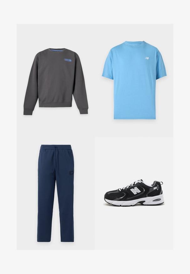 Dunkelgraues Sweatshirt mit Rundhalsausschnitt, langen Ärmeln und kleinem blauem The North Face-Logo auf der oberen linken Brust.; Hellblaues T-Shirt mit kurzen Ärmeln und Rundhalsausschnitt mit einem kleinen weißen New Balance-Logo auf der linken Brust.; Navyblaue Jogginghosen aus einem weichen Baumwollmix, mit einem elastischen Bund und Kordelzug sowie einem kleinen Markenpatch an der Hüfte.; Schwarze und graue Sportschuhe mit Obermaterial aus Mesh und Wildleder, ausgestattet mit einer weißen Zwischensohle, Schnürsenkeln und einem markanten "N"-Logo an der Seite.