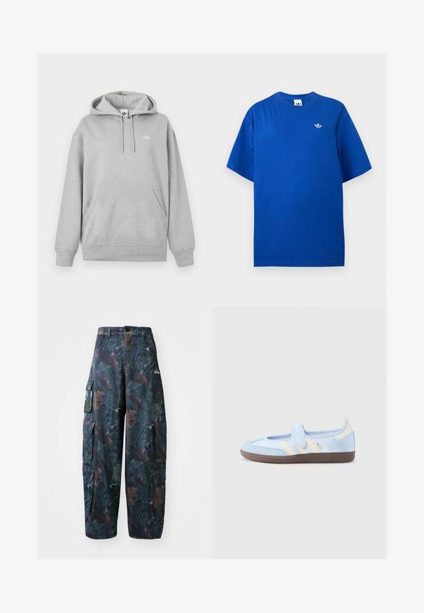 Svetlosivá mikina s kapucňou, predným kangaroo vreckom, kapucňou so šnúrkami, rebrovanými manžetami a lemom, s malým bielym logom Adidas na hrudi.; Modré tričko Adidas s krátkym rukávom a okrúhlym výstrihom, s malým bielym logom Adidas trefoil na ľavej strane hrudníka.; Maskáčové cargo nohavice v tmavozeleno-hnedej farbe, s viacerými vreckami a voľným strihom, vyrobené z ľahkej a odolnej tkaniny.; Svetlomodrá teniska so suchým zipsom, krémové pruhy na bokoch, mäkký látkový zvršok, textúrovaná hnedá gumová podrážka.