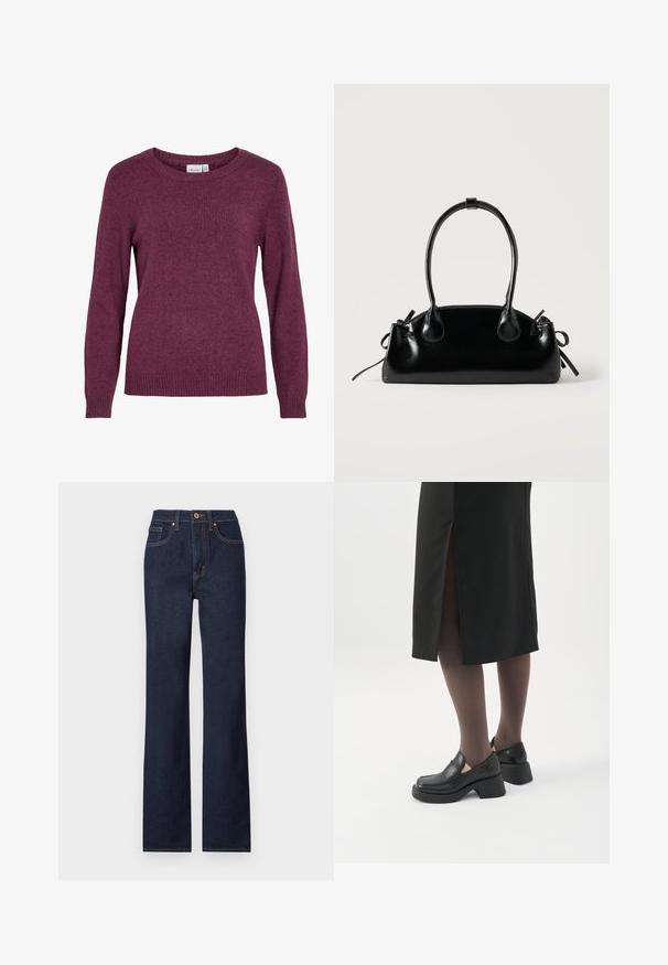 Pull en tricot bordeaux avec un col rond, des manches longues, des poignets et un ourlet côtelés. Texture douce avec un aspect légèrement chiné et subtil.; Jean en denim bleu marine avec une coupe droite, doté d'une fermeture à bouton à l'avant, de cinq poches et de détails de couture contrastés.; Femme portant des mocassins noirs à talons épais, des collants noirs transparents et une jupe noire fendue à l'arrière sur fond blanc.; Petit sac à main noir brillant avec deux longues anses et des détails à cordon sur les côtés sur un fond clair uni.