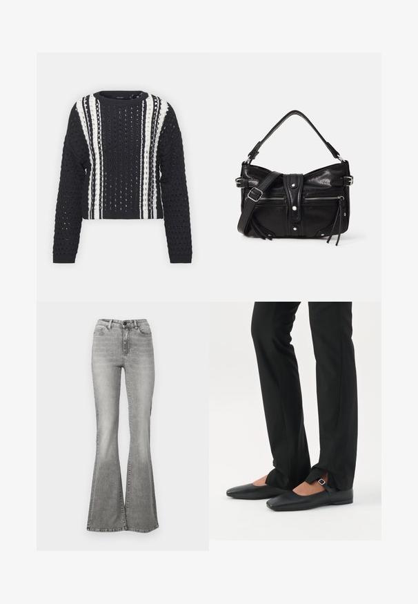 Pull en maille bleu marine avec des rayures blanches, présentant un motif texturé et un design à mailles ouvertes. Manches longues et col rond.; Jean gris évasé en denim, avec une taille haute, des poches avant et un effet dégradé. L'ourlet est légèrement plus large, créant une forme évasée.; Jambes vêtues d’un pantalon slim noir avec des fentes à l’avant de l’ourlet, assorties à des chaussures plates Mary Jane noires avec une petite bride à boucle.; Even&Odd by Zalando H24462 - Sac à main - black