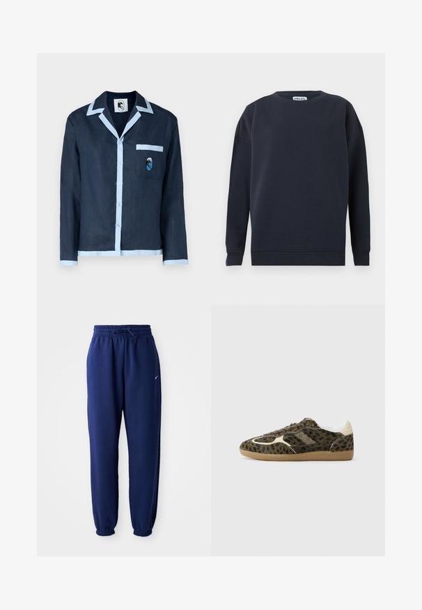 Mørkeblå langærmet sweatshirt med rund hals og ribkanter på ærmer og bund, vist på en ensfarvet lys grå baggrund.; Marineblå linned skjorte med lyseblå krave og lommekanter. Har en brystlomme med en broderet design. Knaplukning foran.; Mørkeblå sweatpants lavet af blødt stof, med elastisk talje med snøre, elastiske manchetter og et lille hvidt logo.; Sneakers med leopardprint, med en struktureret brun overdel, beige detaljer, flade snørebånd og en sål i gummirubber. Set fra siden.