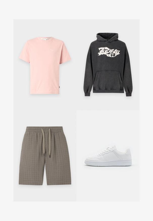 Sudadera con capucha de color gris oscuro, hecha de algodón, con bolsillo frontal tipo canguro y un ajuste holgado. Estampado gráfico blanco en el pecho con efecto desgastado.; Camiseta de algodón rosa con cuello redondo, mangas cortas y un pequeño logo blanco en el área del lado izquierdo del pecho. Textura suave y diseño sencillo.; Pantalones cortos marrones, texturizados, con una cintura elástica y cordón ajustable; presentan una tela suave y ligera con un patrón de cuadros.; Zapatillas blancas hechas de material sintético liso, con cordones planos, puntera perforada y suela de goma con un patrón de agarre texturizado.