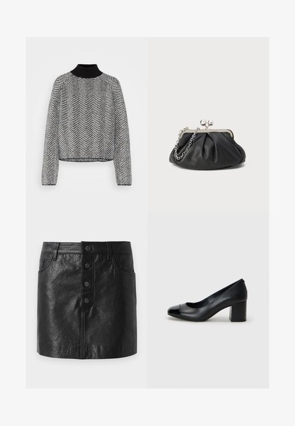 Pull en maille à col roulé dans un motif chevron noir et blanc. Forme ample avec des manches longues et un col côtelé. Texture douce.; Jupe en cuir noir avec une taille haute, fermeture à bouton sur le devant, deux poches latérales et une forme légèrement évasée. Fini texturé.; Escarpin en cuir noir avec un capuchon de pied brillant et un talon épais. Texture lisse et design arrondi avec une ouverture subtile à l'avant.; Porte-monnaie en cuir noir avec texture froncée, cadre en métal argenté, fermeture à verrouillage kiss-lock et bandoulière en chaîne. Surface lisse et douce.